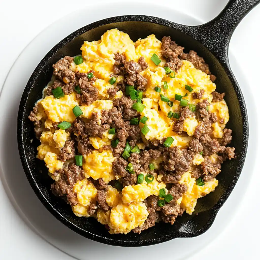 beef and egg skillet scramble on white plate, carnivore breakfast