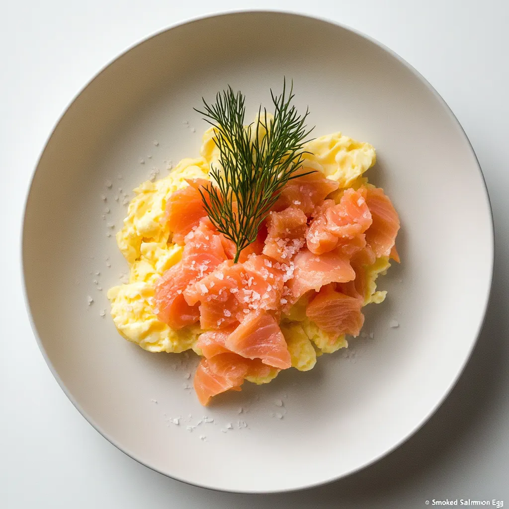 Scrambled eggs topped with smoked salmon, sea salt flakes, and fresh dill on a white plate — a light, protein-rich carnivore breakfast.