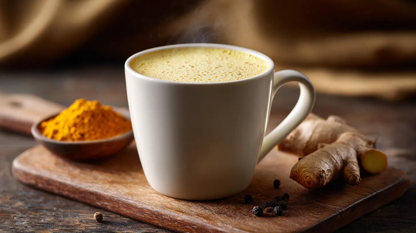 A steaming white mug of golden milk with fresh ginger, turmeric powder, and black peppercorns on a wooden board.