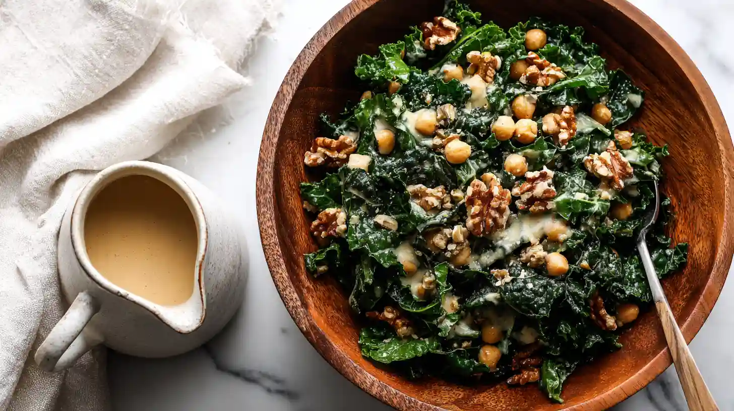 A wooden bowl of kale and chickpea salad with walnuts and a side of lemon-tahini dressing.
