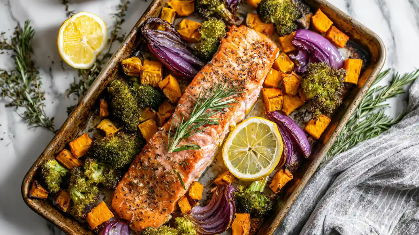 A close-up overhead shot of a single sheet pan with a cooked salmon fillet, golden turmeric-roasted sweet potatoes, charred broccoli, and purple red onion slices.