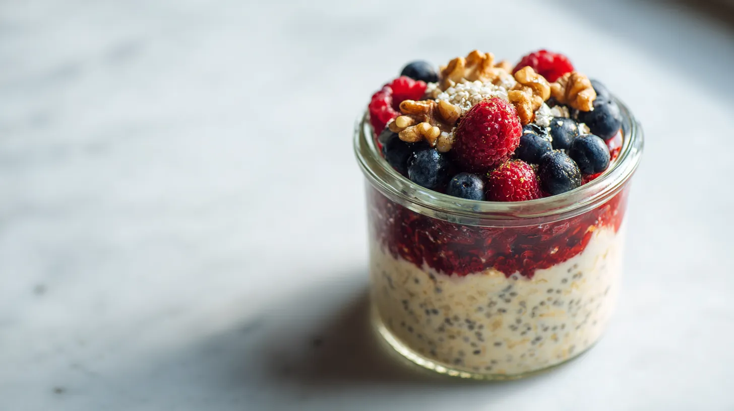 A glass jar of layered ginger-berry overnight oats with chia seeds and walnuts on a marble surface.
