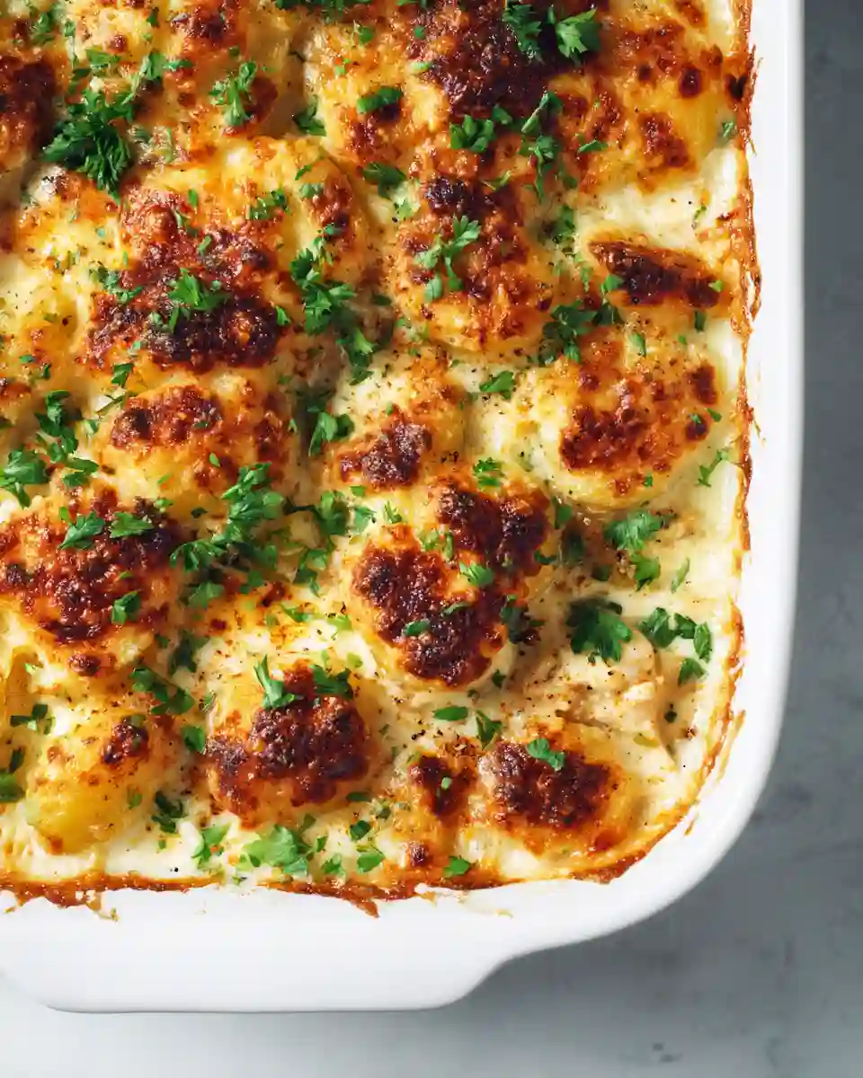 Creamy Chicken and Potato Bake bubbling golden brown in a white casserole dish