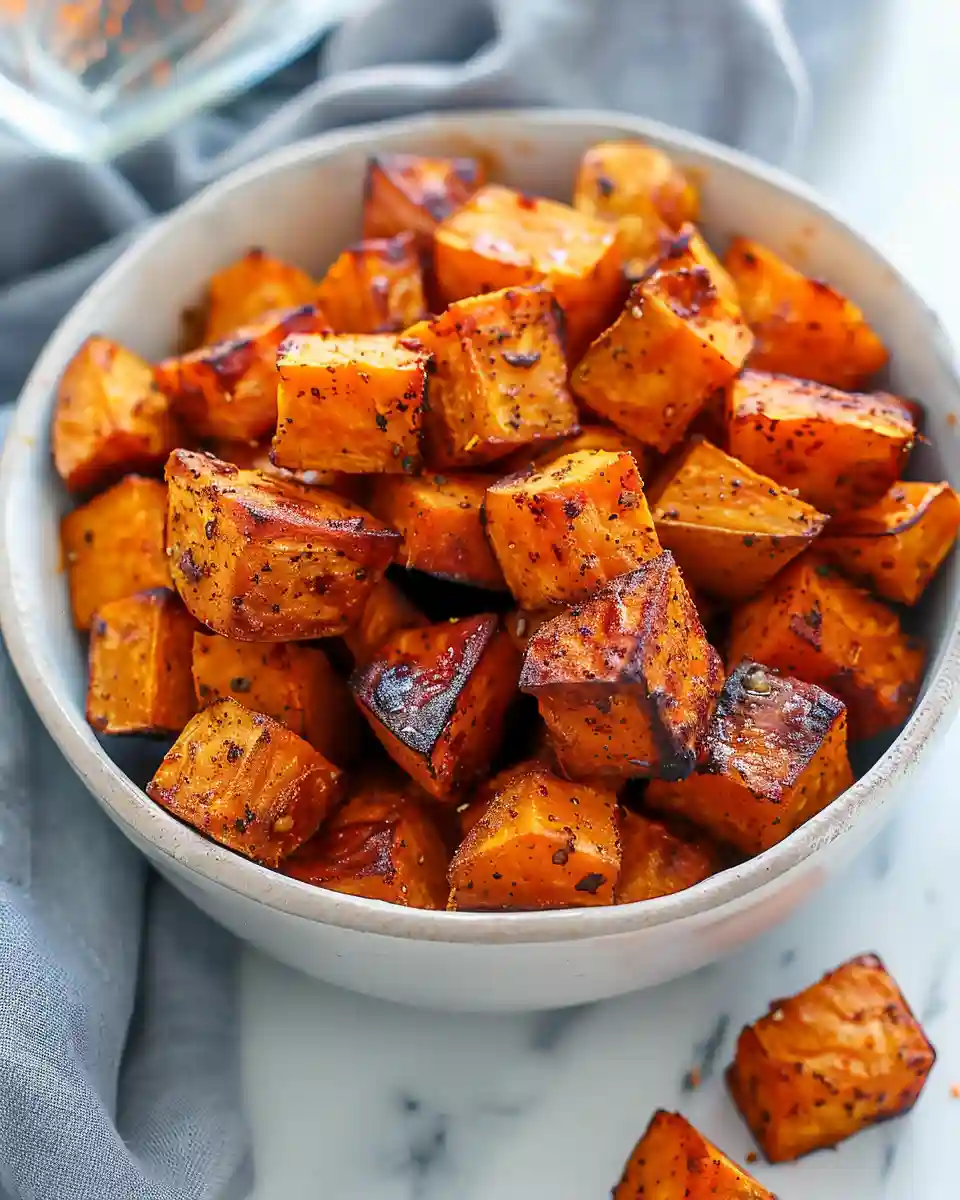 air fryer sweet potato cubes close up