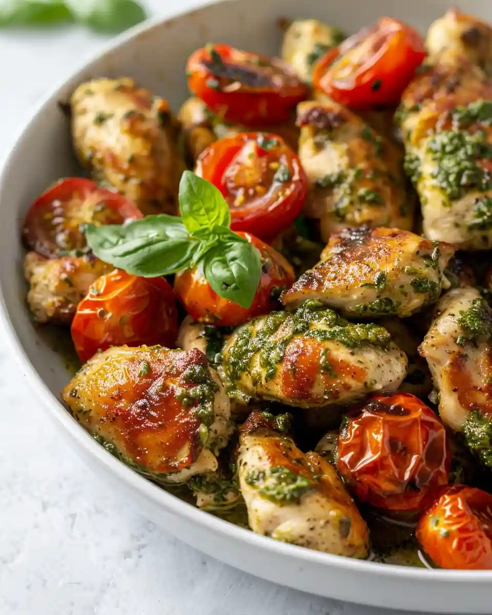 air fryer pesto chicken with burst tomatoes close up