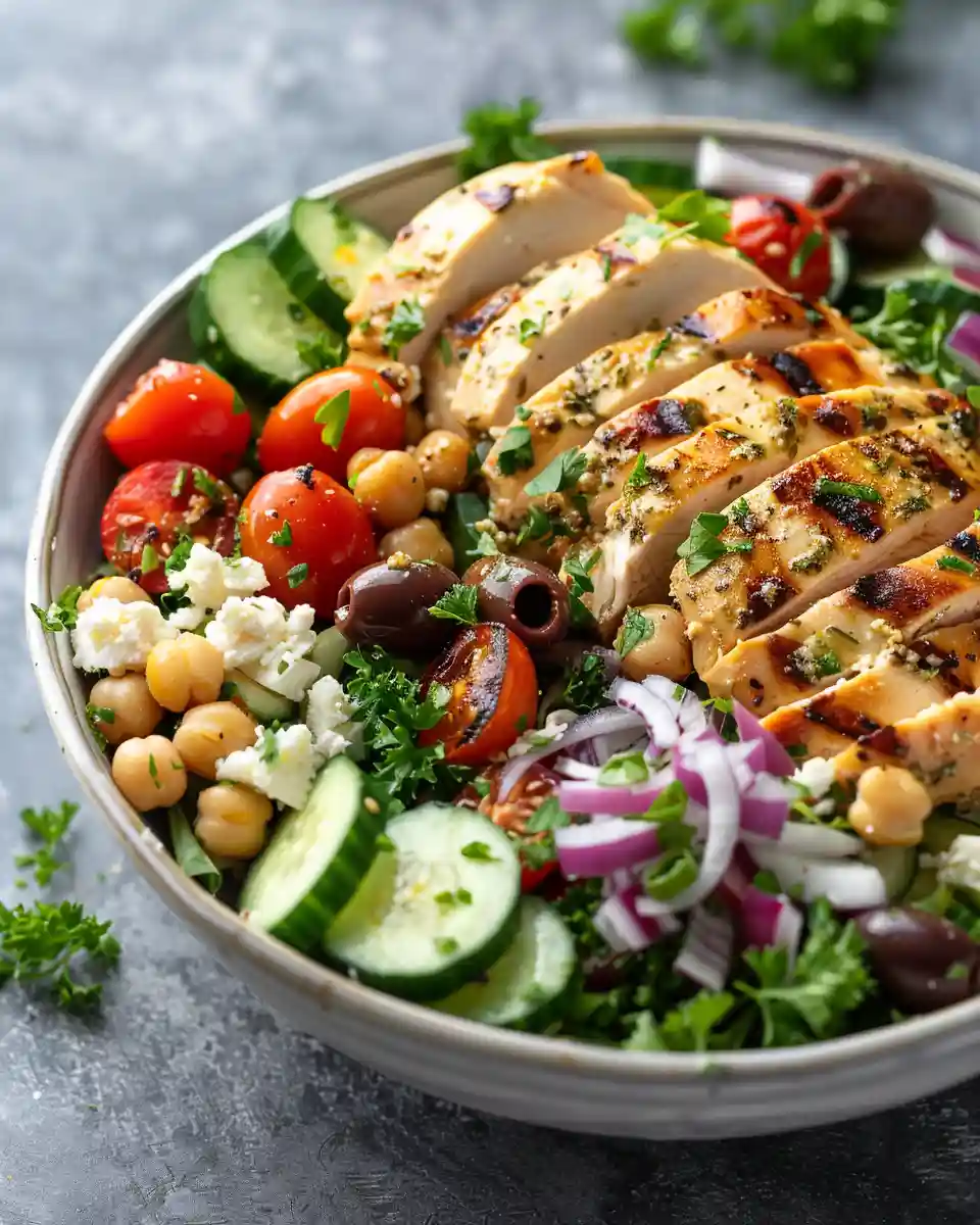 greek chicken chickpea protein salad