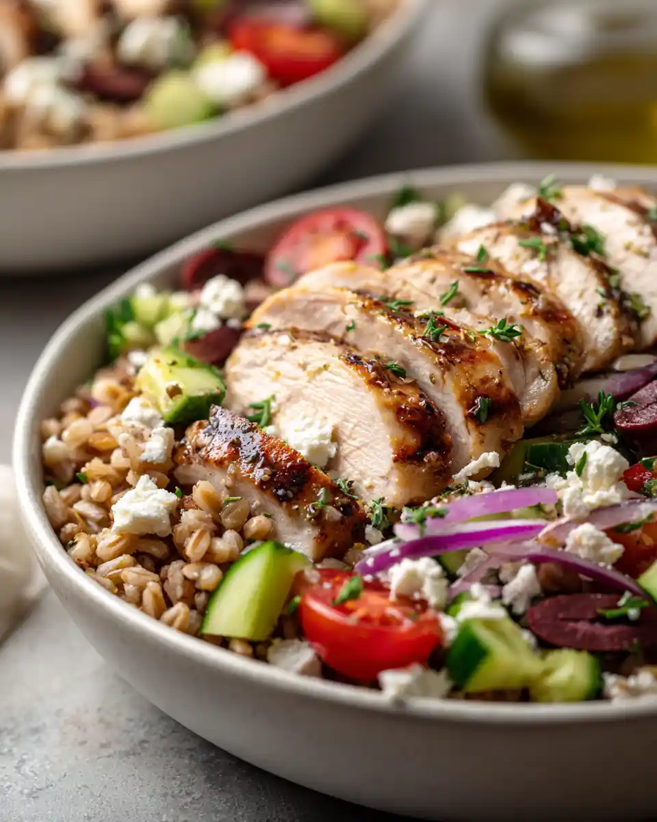 mediterranean chicken farro protein bowl