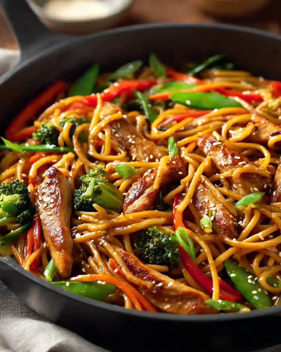 chicken lo mein noodles skillet with broccoli and peppers