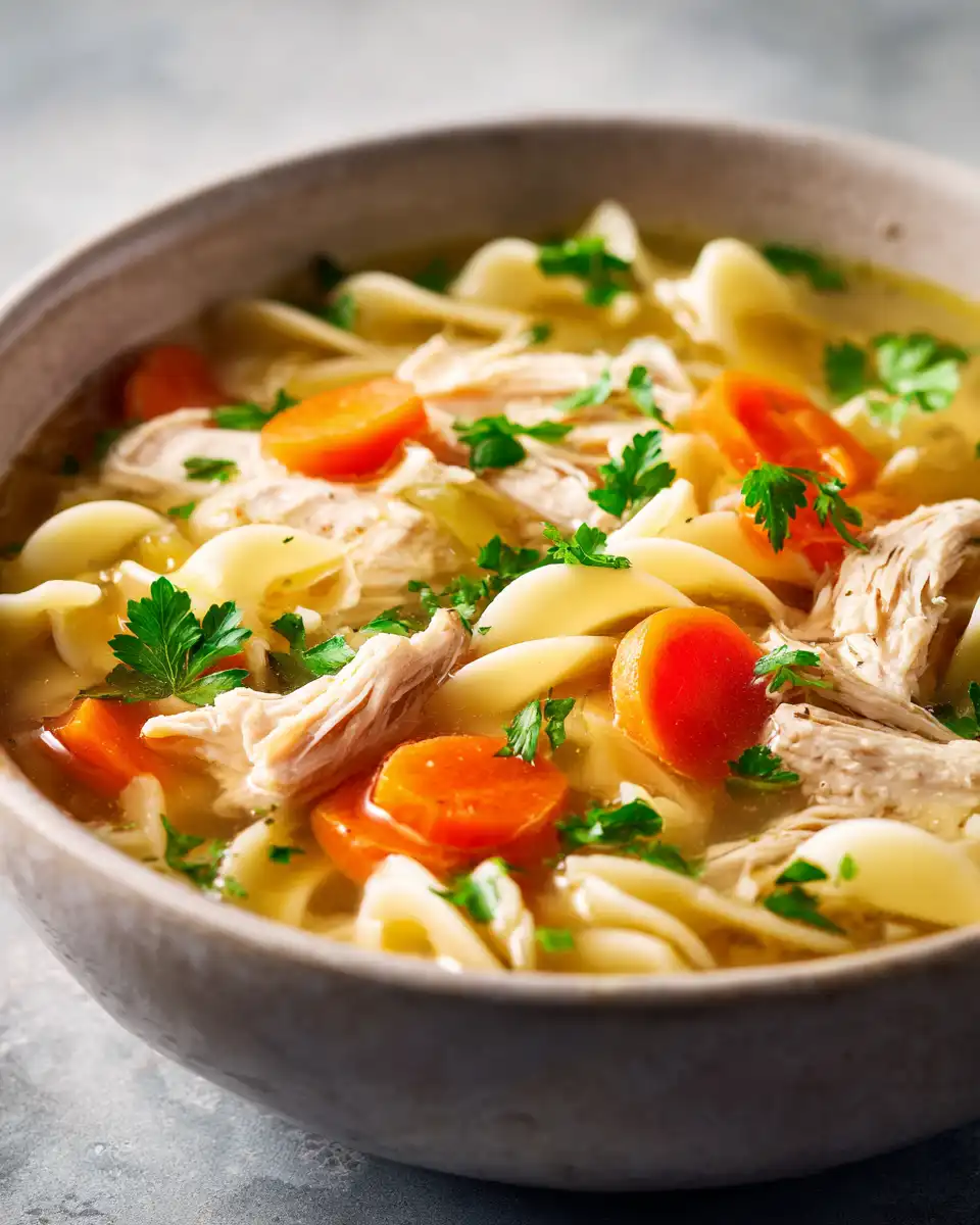 Close-up of a steaming bowl of cozy chicken soup with wide egg noodles and fresh parsley 