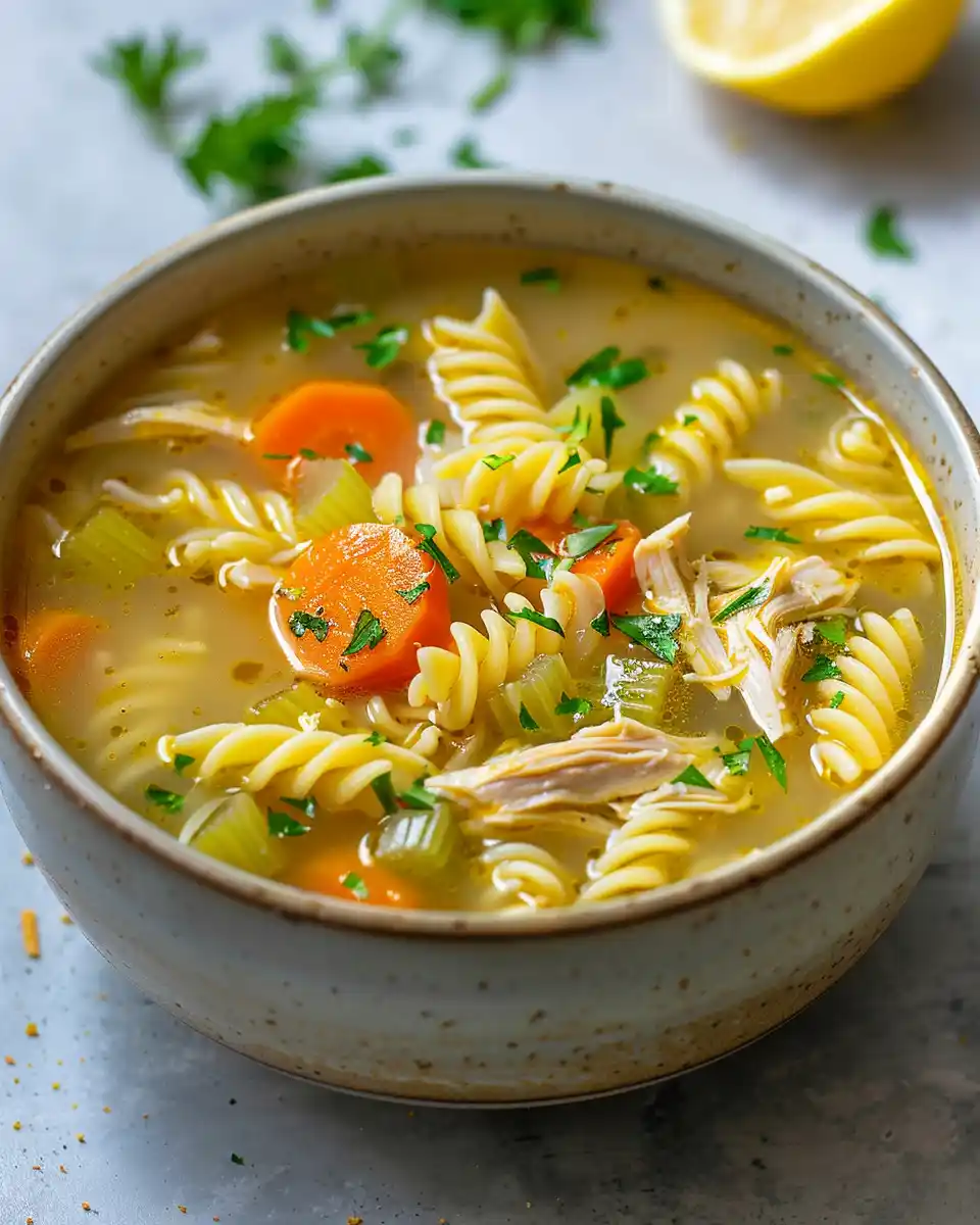 gluten free chicken soup bowl with fresh herbs and spoon