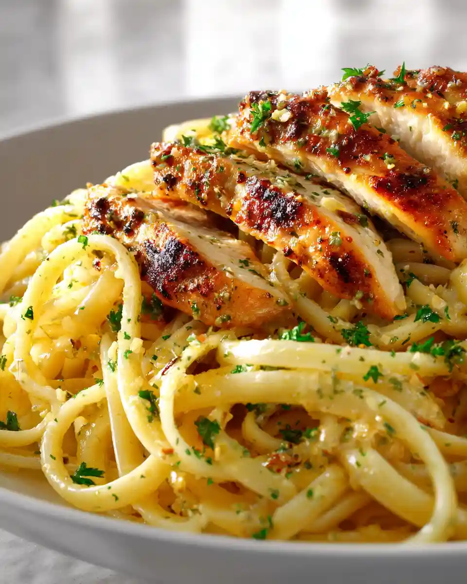 Close-up of glossy garlic butter noodles with golden pan-seared chicken and fresh parsley