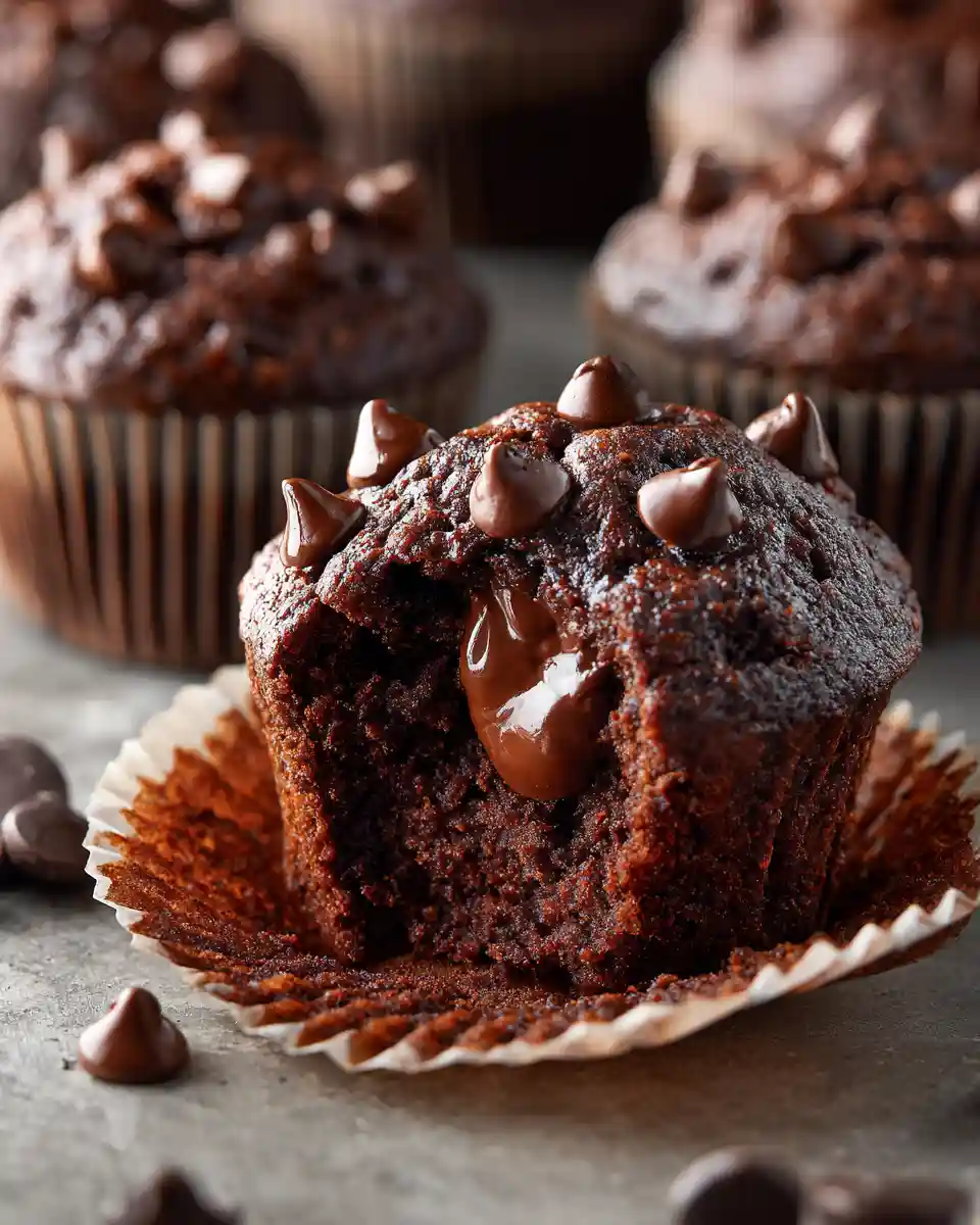 Moist bakery-style chocolate muffins with chocolate chips and soft fluffy crumb