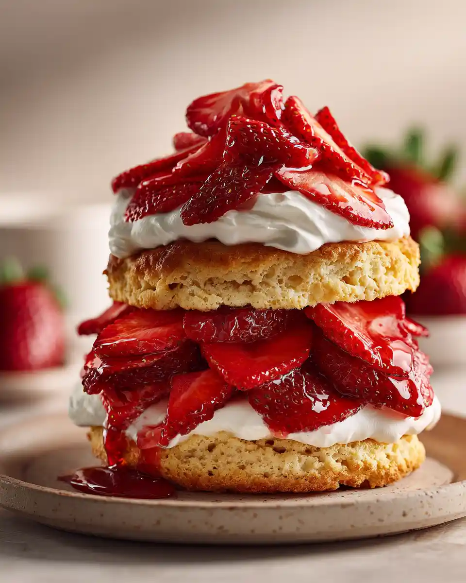 Fresh strawberry shortcake with biscuit layers, whipped cream, and juicy sliced strawberries on a light plate