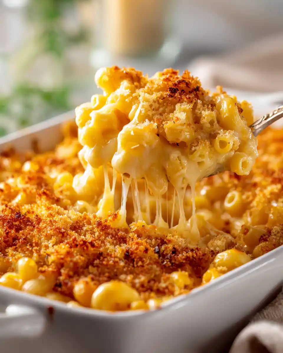 Creamy baked mac and cheese with a golden breadcrumb topping in a white baking dish