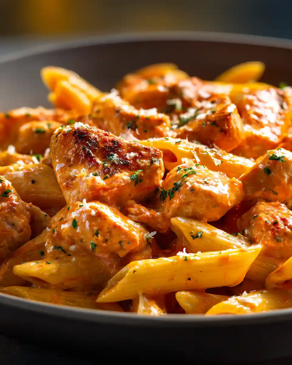 Creamy tomato chicken pasta served in a bowl with tender chicken, pasta, Parmesan, and a rich tomato cream sauce