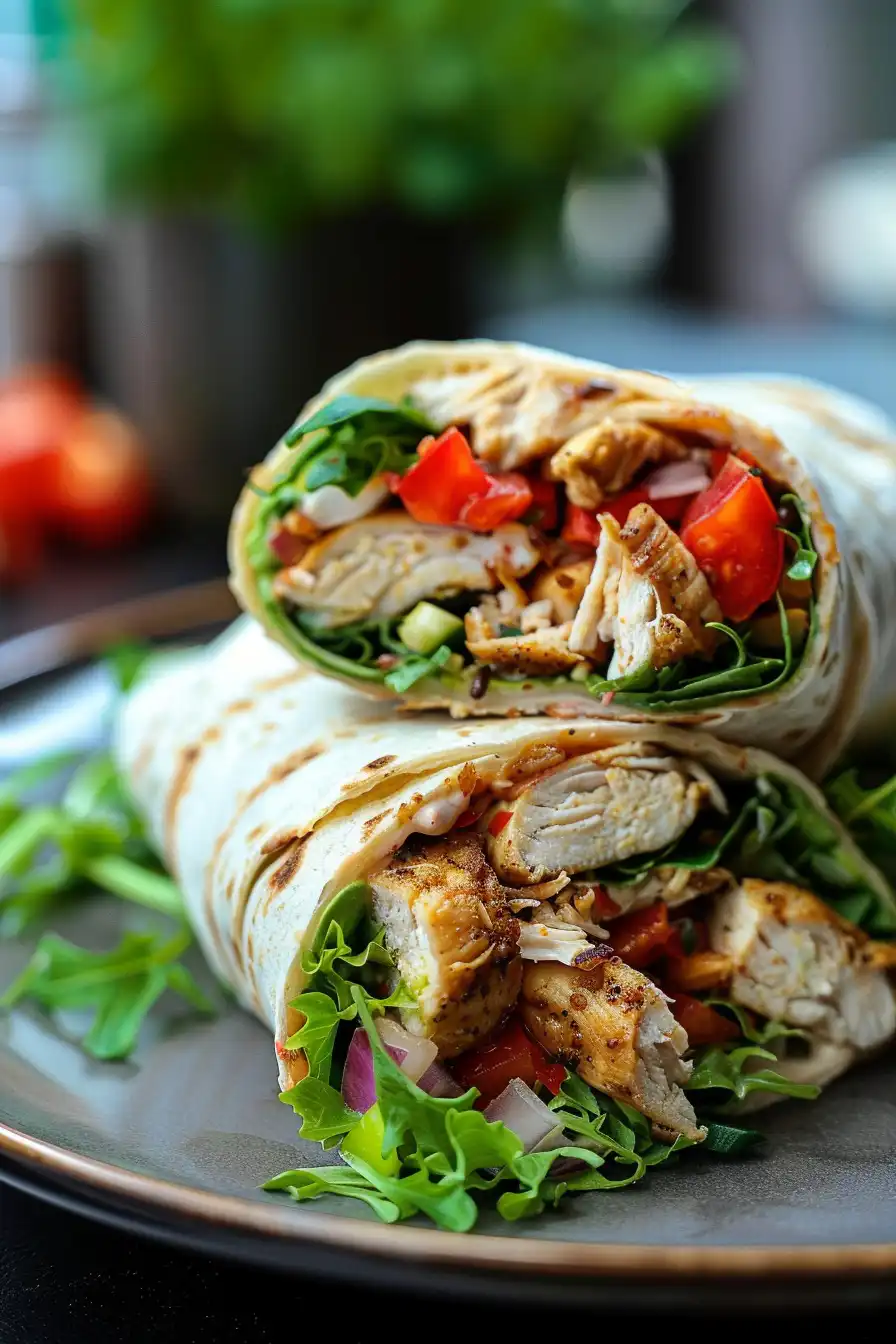 High-Protein Chicken Wrap Recipe for an Easy Lunch 3 High-Protein Chicken Wrap in a Tortilla with Vegetables and Feta Cheese