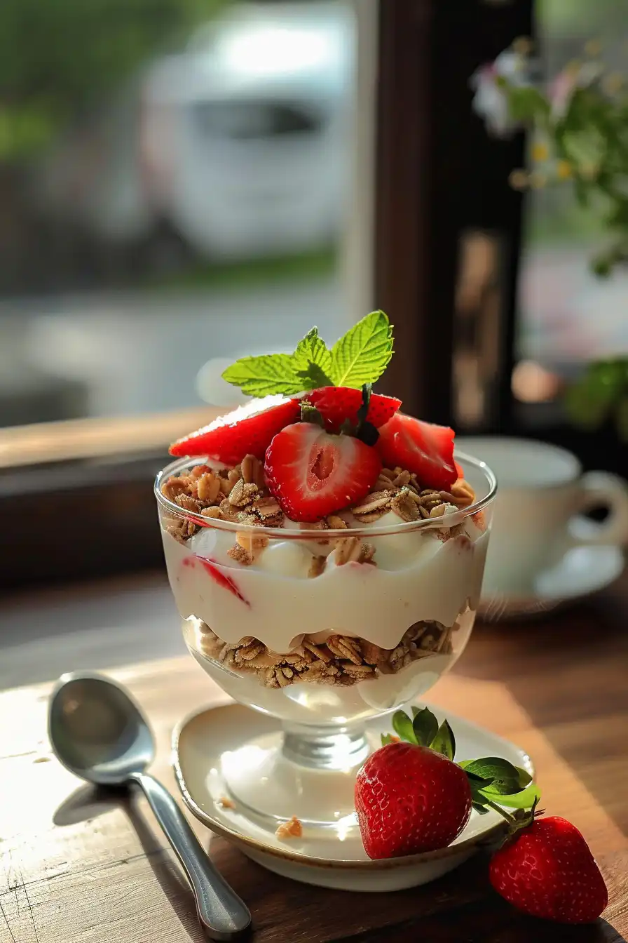 Strawberry Yogurt Parfait: A Healthy Easy Breakfast for Every Morning 5 Close-up of Greek yogurt, strawberries, and granola components